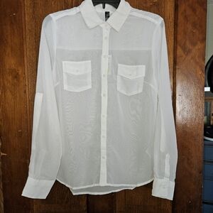 Lunachix Small Sheer White Button Down Blouse W/adj Long Sleeves New